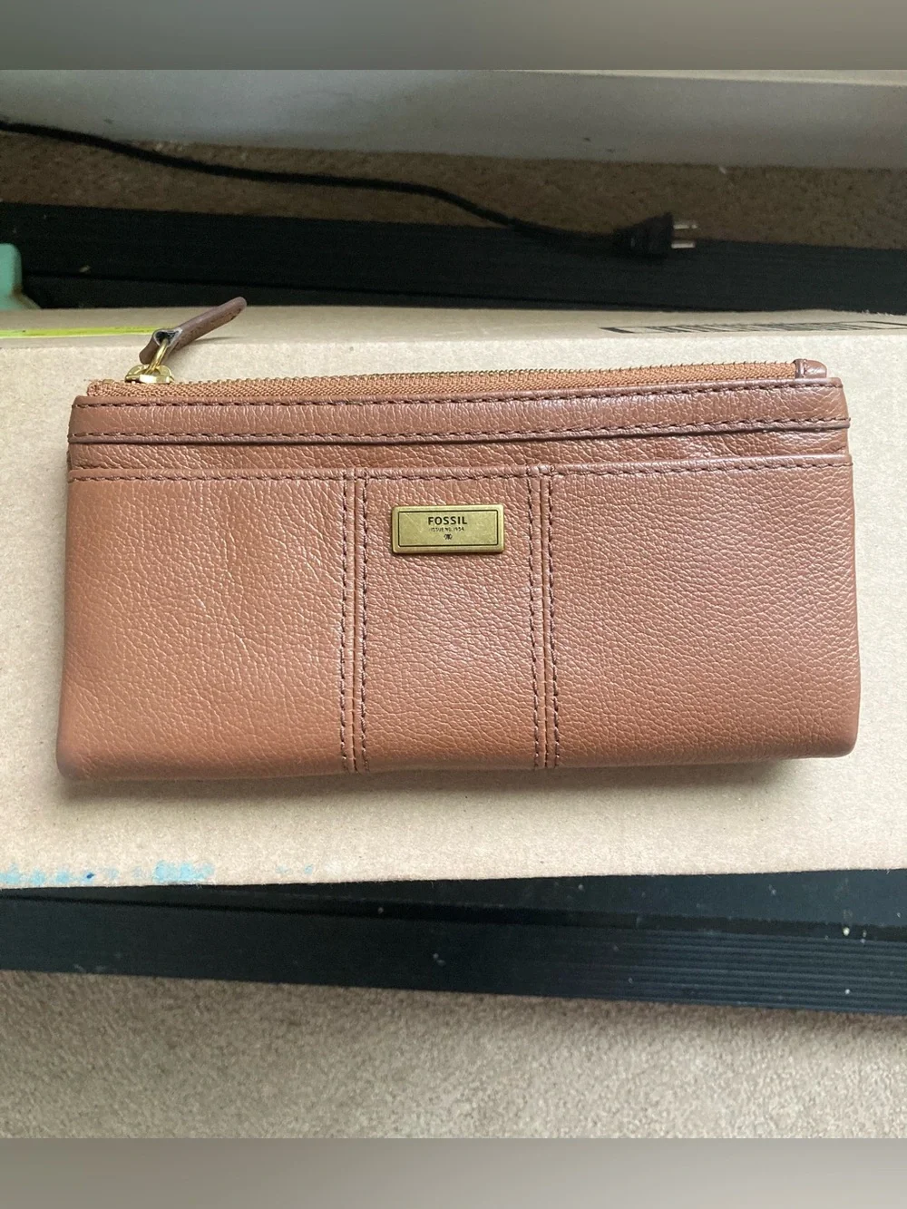 Fossil Leather Zip Wristlet Wallet — Tan Brown with Gold Hardware
